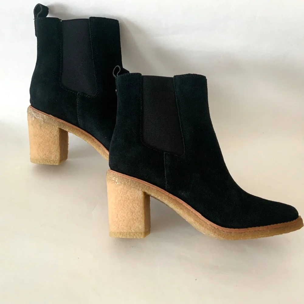 Ralph Lauren Marianna Black Suede Pull-On Chelsea Booties Block Heel Ankle Boots